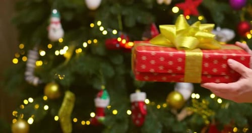 Passing Christmas Gift in Front of Christmas Tree