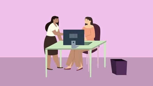 Office Co Worker Woman Sitting At Desks Computer Animation