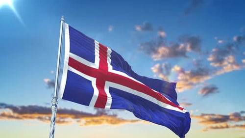 Waving Iceland Flag on a Sunny Blue Sky Background