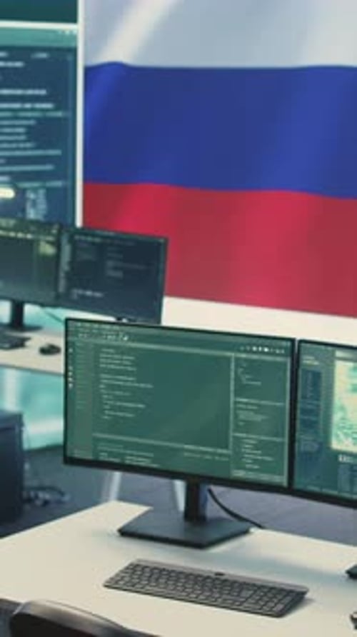 Computer Screens Displaying Code with Russian Flag