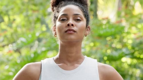 Nature, deep breath and woman portrait in calm and stress free environment mental awareness