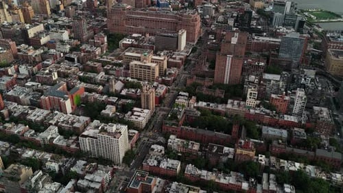 Aerial View of Manhattan New York City Highlighting Iconic Landmarks and Bustling Urban Life