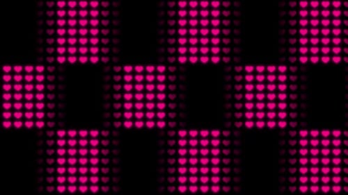 Vibrant neon hearts pulsate on black background creating energetic motion