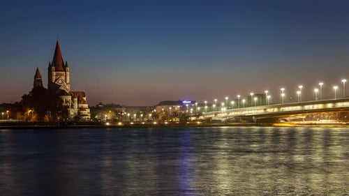 Vienna Riverscape Timelapse with Clear Autumn Evening Sky