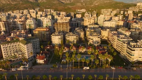 Aerial View Vintage Villas on the Seafront are Framed By a Shimmering Pool and Tropical Palms Under