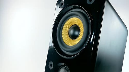 A vibrating membrane on Isolated high performance black and golden audio speaker, Part 5, STILL