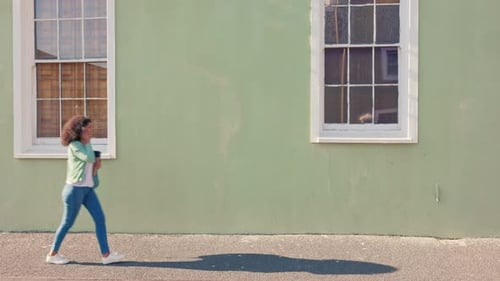 Phone call, city walking and student on campus talking on walk to school