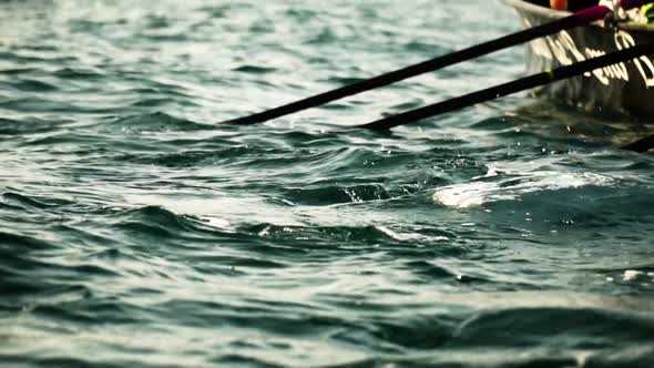 Athletes training successfully for competition with rowing boat oars in ...