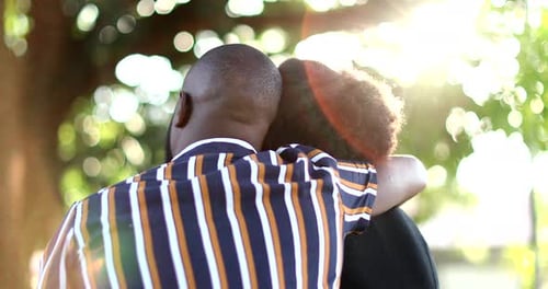 back of African American couple kissing outside at park with sunlight flare