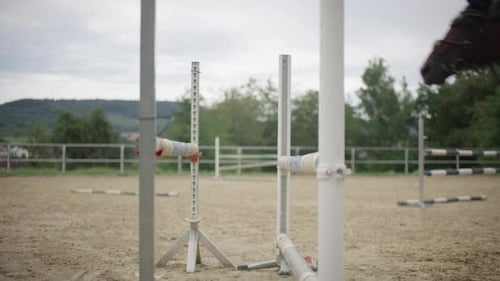Zeitlupenaufnahme eines Pferdes, das über einen Pferdesprung springt