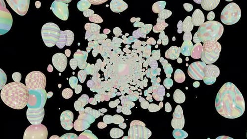 Pastel colored Easter eggs tunnel rotating on black background seamless looped 3D render. Various