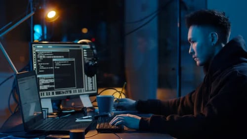 Conceito de crime cibernético, hacking e tecnologia - hacker masculino asiático usando computador para