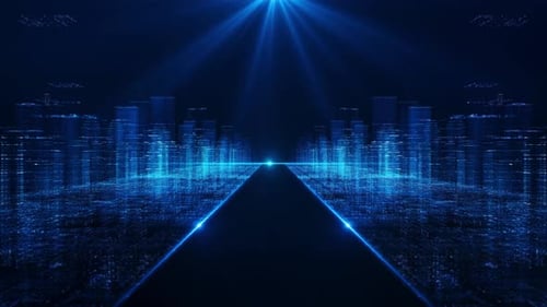 Futuristisches digitales 3D-Stadtbild beleuchtet Ströme von Binärcode, fortschrittliche Technologie, virtuell