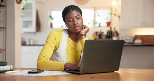 Elearning, woman or bored with laptop in home for thesis research, monotonous study or frustrated