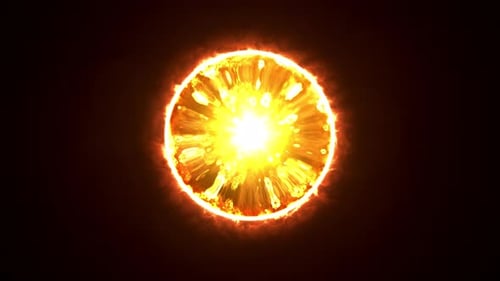 A red-hot ball on a black background. Explosion of the sun. Fire circle, Yellow flame in space.