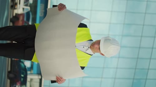 Engineer Looking at Blueprint in Front of Building