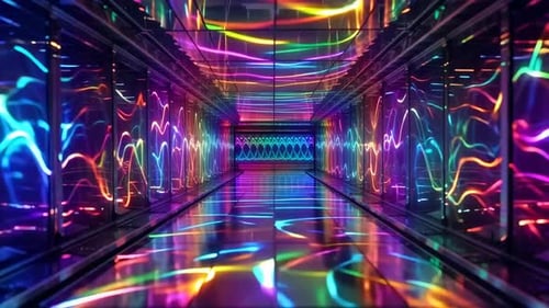 Ondes de néon arc-en-ciel abstraites dans Mirror Infinity Hall