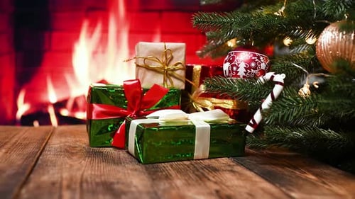 Presents Under Christmas Tree by Fireplace