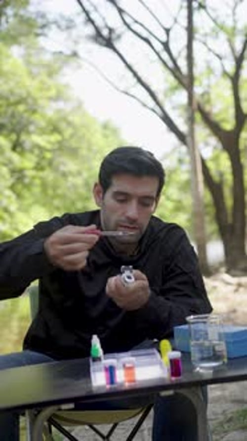 The environmentalist is testing a water Stream in the forest.