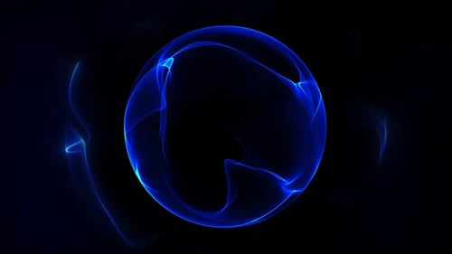 The flow of a blue magical glowing sphere of waves of energy against a circular vortex of fractals o