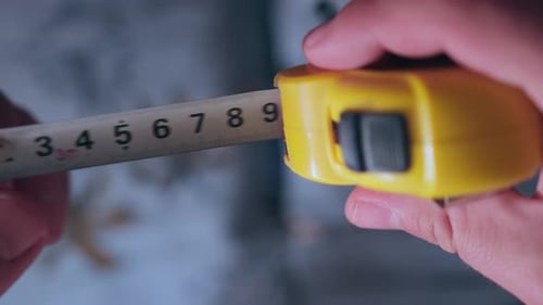 Foreman using yellow tape measure, close up. Person taking measurements using tape line