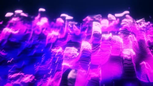 Abstract moving purple futuristic landscape of particles and dots of energetic magic with glow
