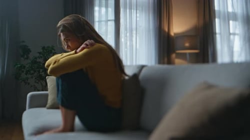 Troubled Girl Feeling Bad Sitting Couch Night Home Sad Woman Suffering Breakup