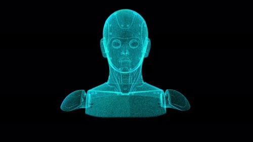 Digitales Hologramm eines futuristischen Roboterkopfes