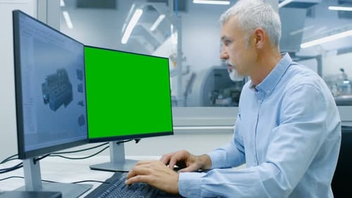 Leitender Wirtschaftsingenieur arbeitet an einem PC mit eingeschaltetem Greenscreen-Mockup-Bildschirm, er ist