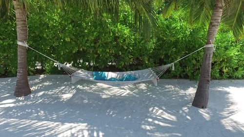 Hammock bliss between palm trees on a tropical beach paradise in the maldives