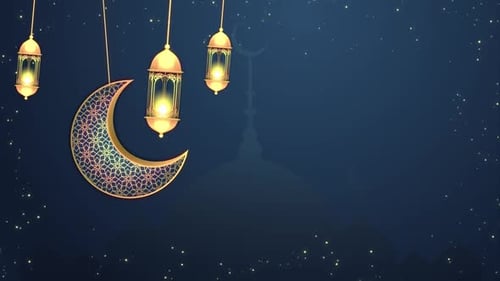 Animated Golden Moon and Lanterns for Ramadan and Eid