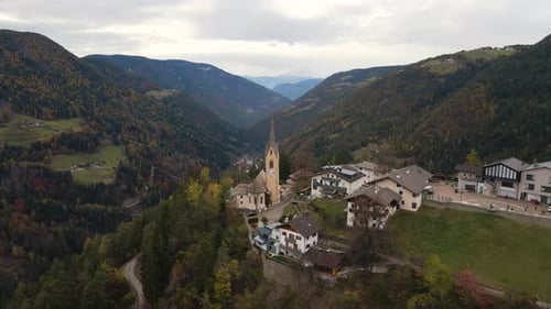 Aerial view of church and town centre, San Valentino In Campo, Bolzano, Italy.