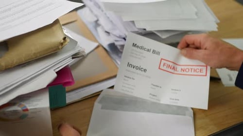 Close up of a man opening debt letters. The letter shows a medical bill final notice