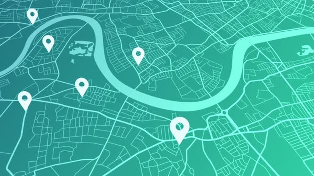 gps map navigator system animation. route destination 3d city streets ...