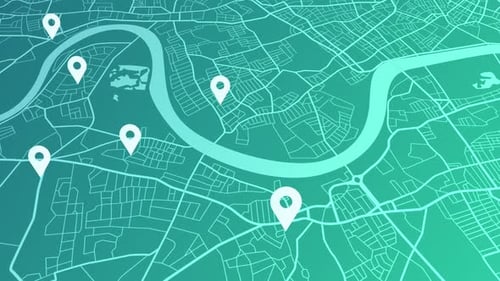 animação do sistema de navegação de mapas GPS. Rota, destino, ruas da cidade em 3D