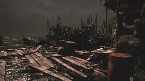 Fishing Village at Night with Wooden Docks and Ominous Skies