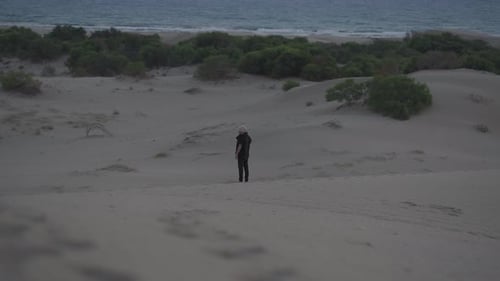 Solitary figure in the golden sand desert