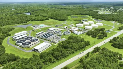 Aerial View of Modern Water Cleaning Facility at Urban Wastewater Treatment Plant