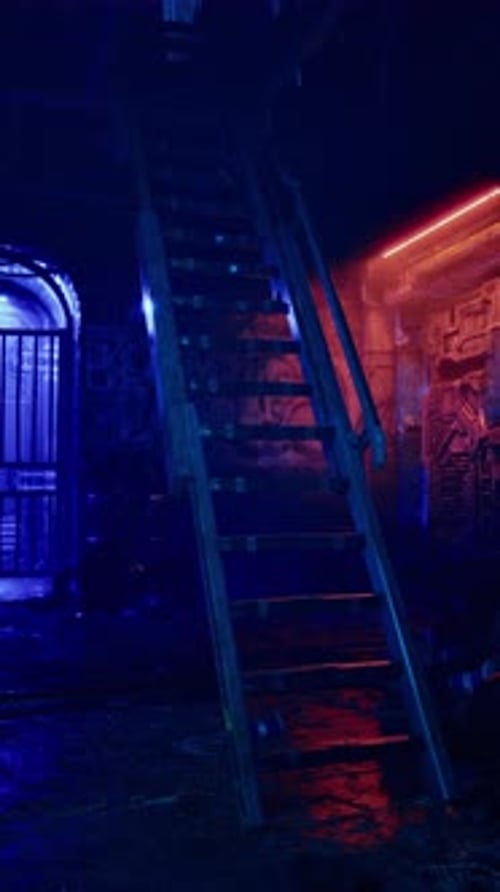 Neon Lit Cyberpunk Industrial Scene with Ladder