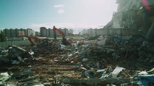 Aerial Motion Over Demolition Site of Ruined Dangerous Arena