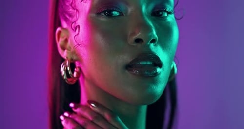 Woman, face or neon in studio with makeup, beauty or cosmetics with cyberpunk aesthetic