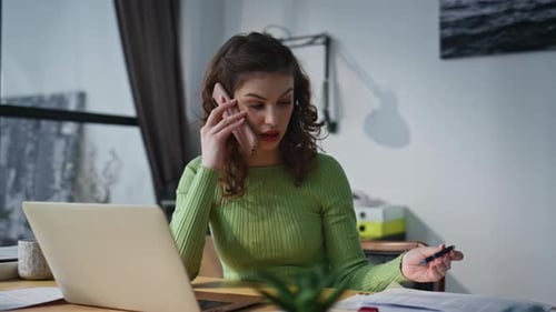 Confused Lady Talking Mobile Phone at Office Closeup Woman Looking Documents