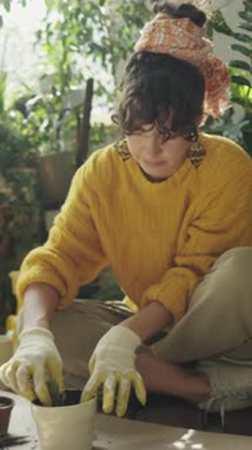 Young Adult Planting a Succulent in Indoor Garden