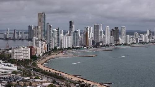 Cartagena, Colombia. Drone Shot of Bocagrande Hotels and Beaches, Coastal Traffic and Caribbean Sea