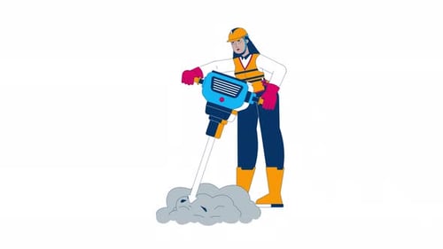 Female road construction worker with jackhammer cartoon animation