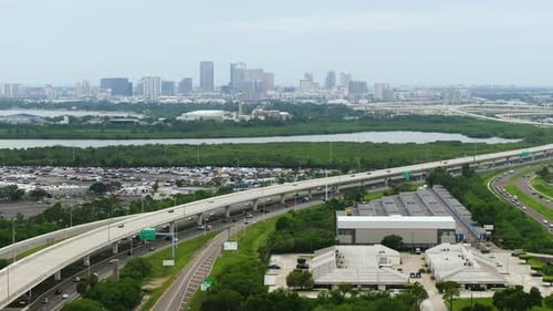 USA Transportation Infrastructure Aerial View of American Highway with Fast Driving Vehicles in