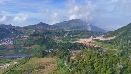 Aerial footage of the beautiful Dieng Plateau in Central Java, Indonesia