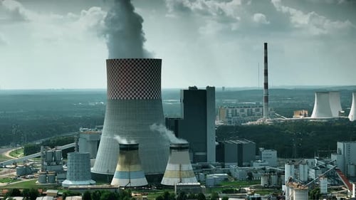 Aerial View Coal Power Plant. Smokestacks on a coal electric power plant.