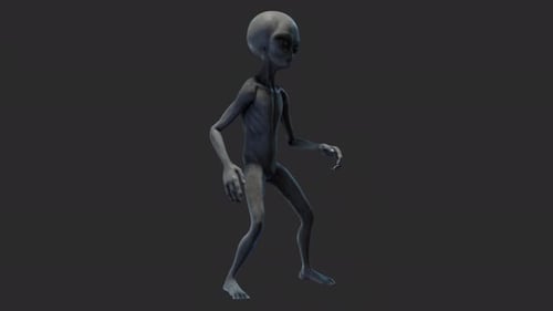 3D Animated Gray Alien Character Looking Around