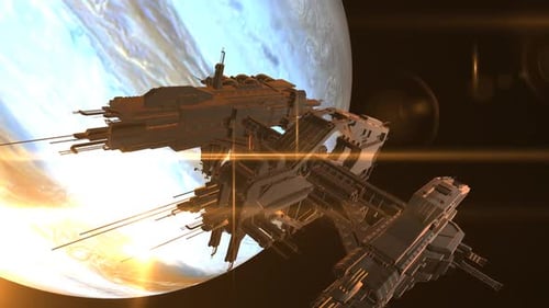 Futuristic Spaceship Orbiting a Gas Giant Planet in Deep Space